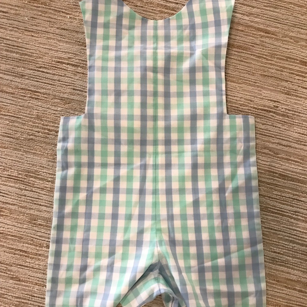Shrimp & Grits Kids Blue & Green Checker Romper